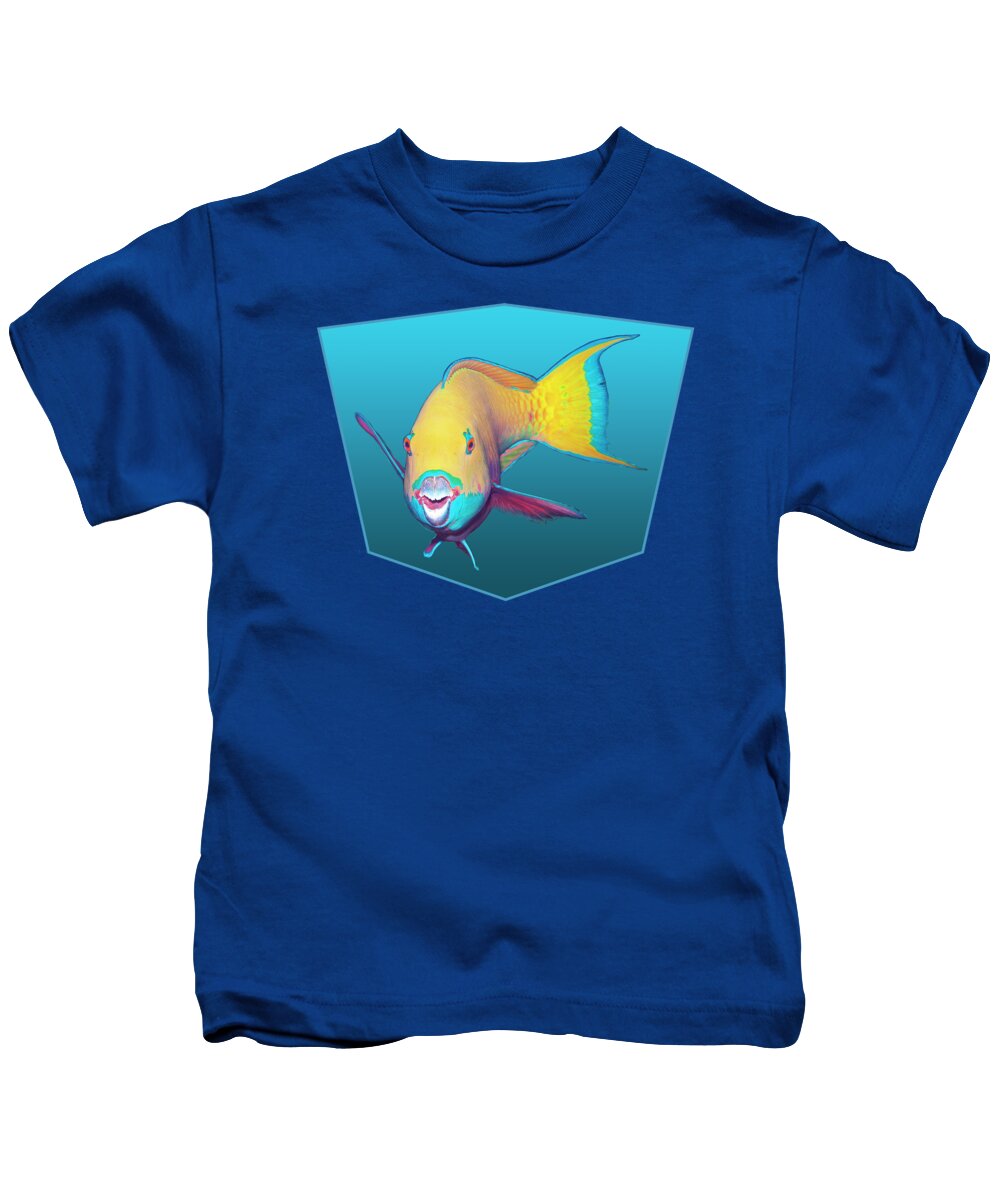 Heavybeak Parrotfish Kids T-Shirt featuring the mixed media Parrotfish - Brightly colored on gradient blue background - by Ute Niemann