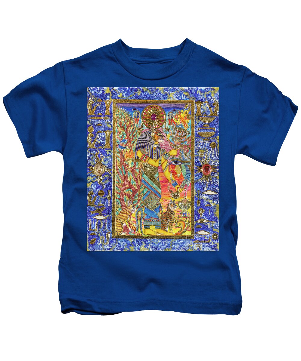 Bast Kids T-Shirt featuring the mixed media Bast the Light Bringer by Ptahmassu Nofra-Uaa