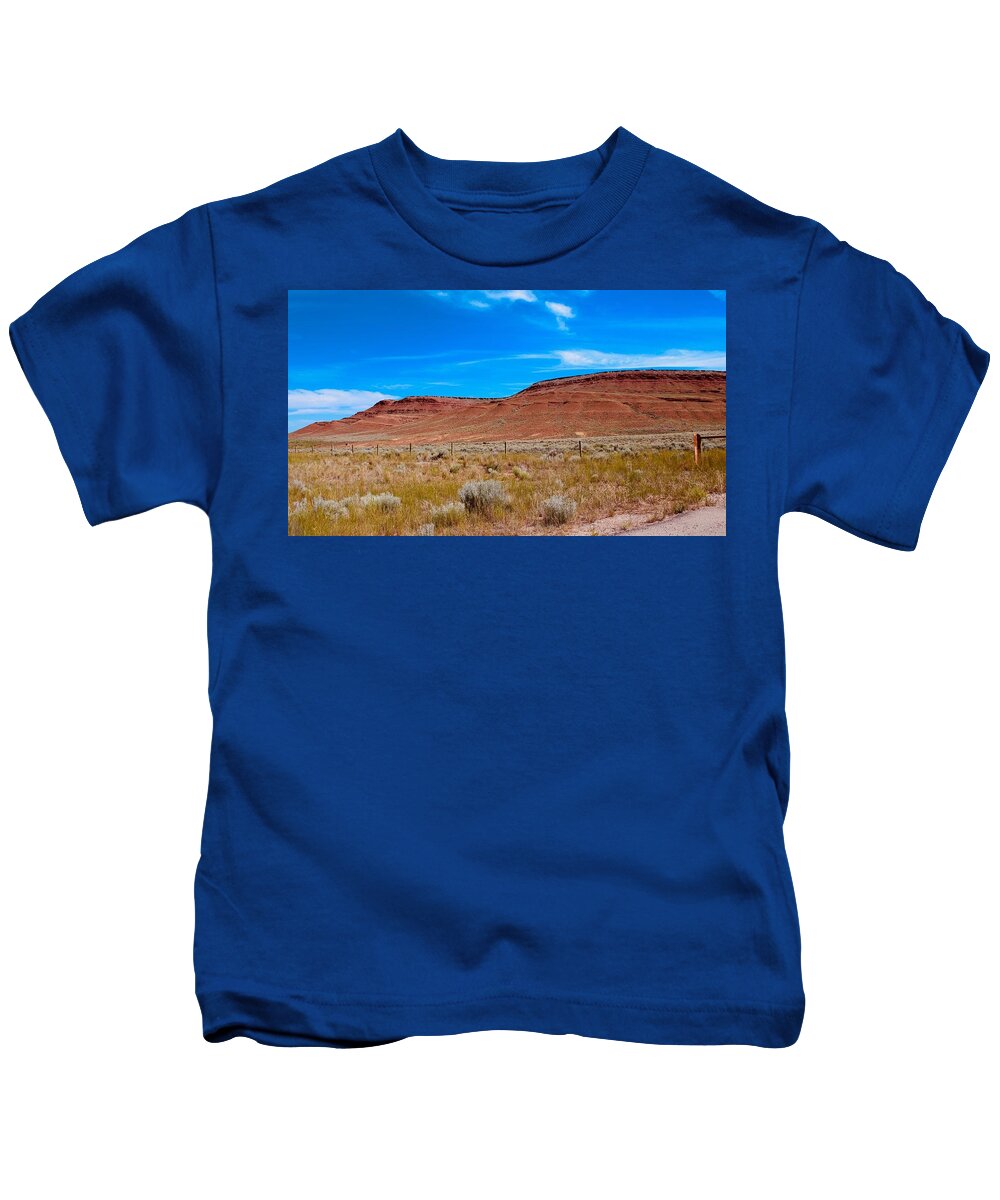 Blue Sky Kids T-Shirt featuring the photograph Blue sky, Red mountain by Yvonne M Smith