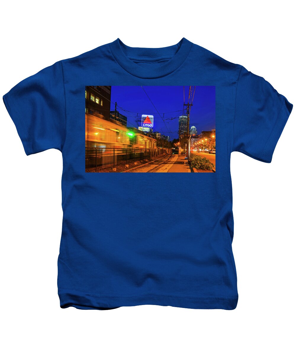 Boston Kids T-Shirt featuring the photograph Boston MA Green Line train on the move by Toby McGuire