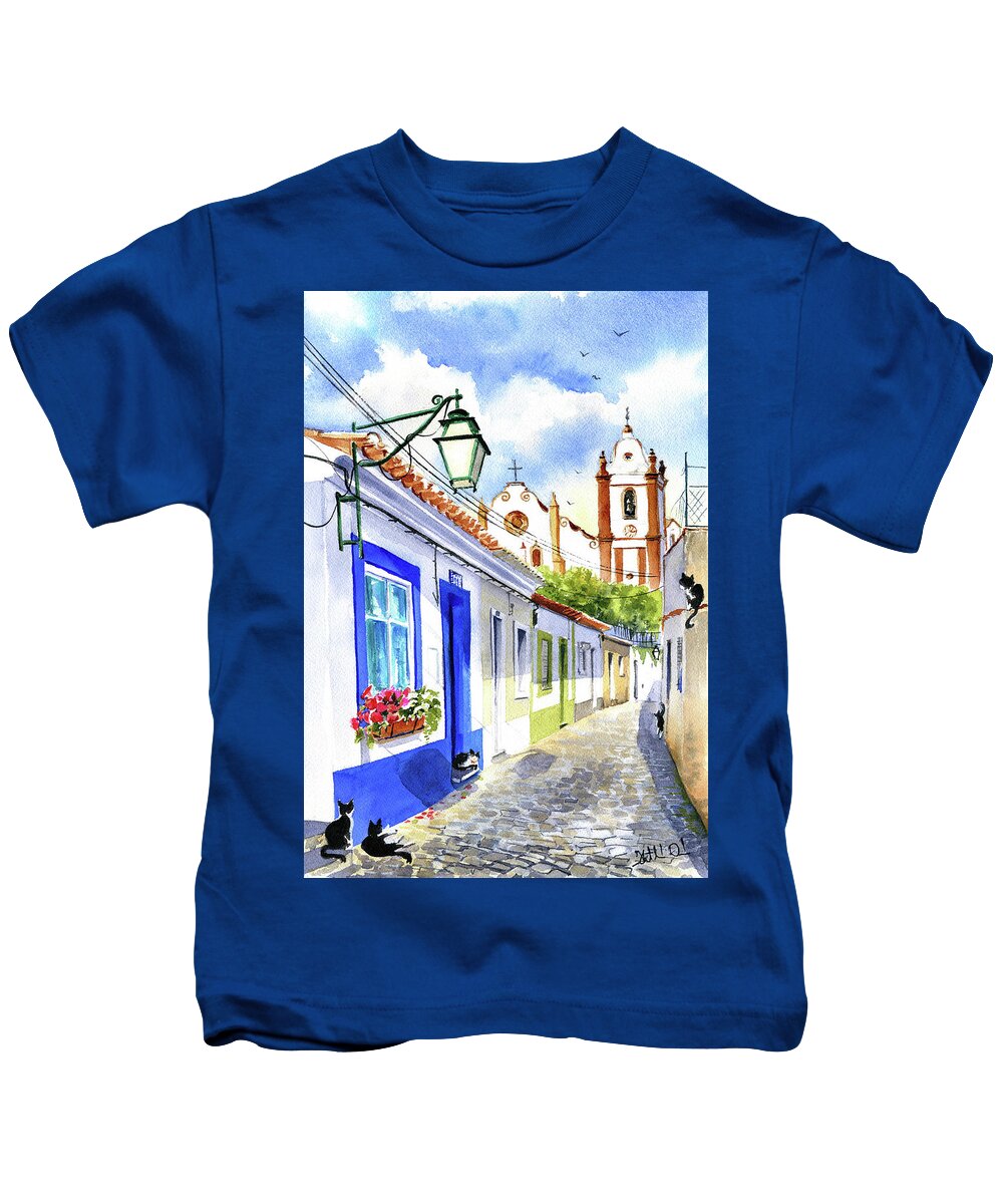 Algarve Kids T-Shirt featuring the painting Charming Street In Silves Algarve Portugal by Dora Hathazi Mendes