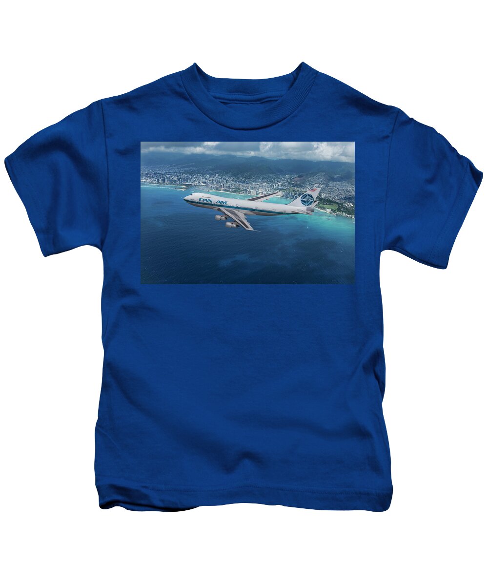 Pan American World Airways Kids T-Shirt featuring the mixed media Classic Pan Am Boeing 747 over Waikiki Beach Hawaii by Erik Simonsen