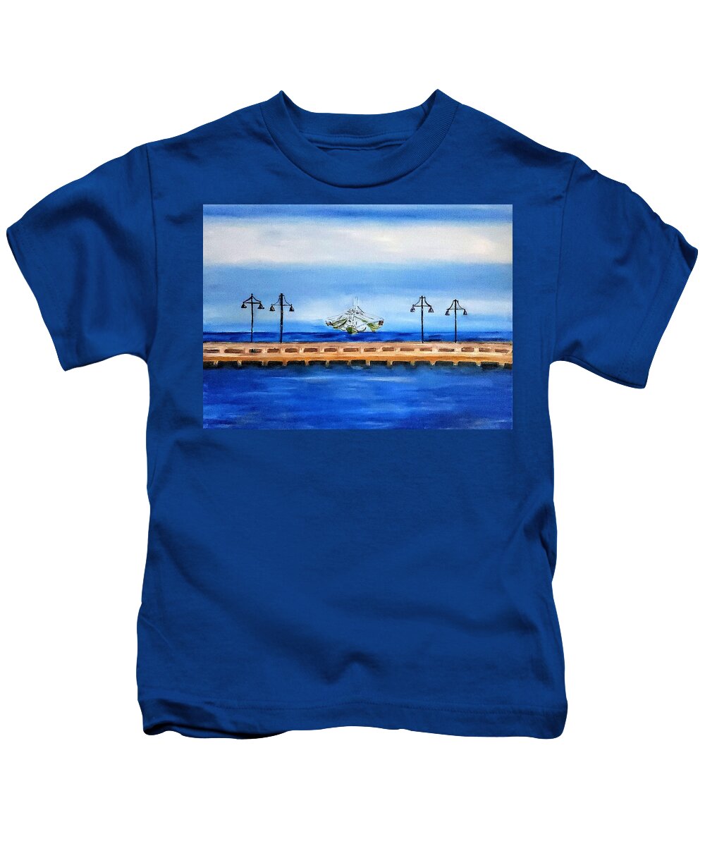 Shrimpboat Kids T-Shirt featuring the painting Cold Escape by Linda Cabrera