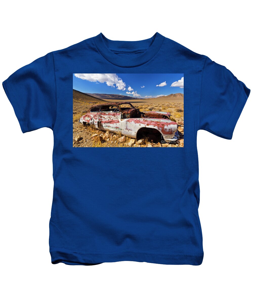Rusty Car Kids T-Shirt featuring the photograph Derelict Buick Roadmaster, Death Valley, Calif by Neale And Judith Clark