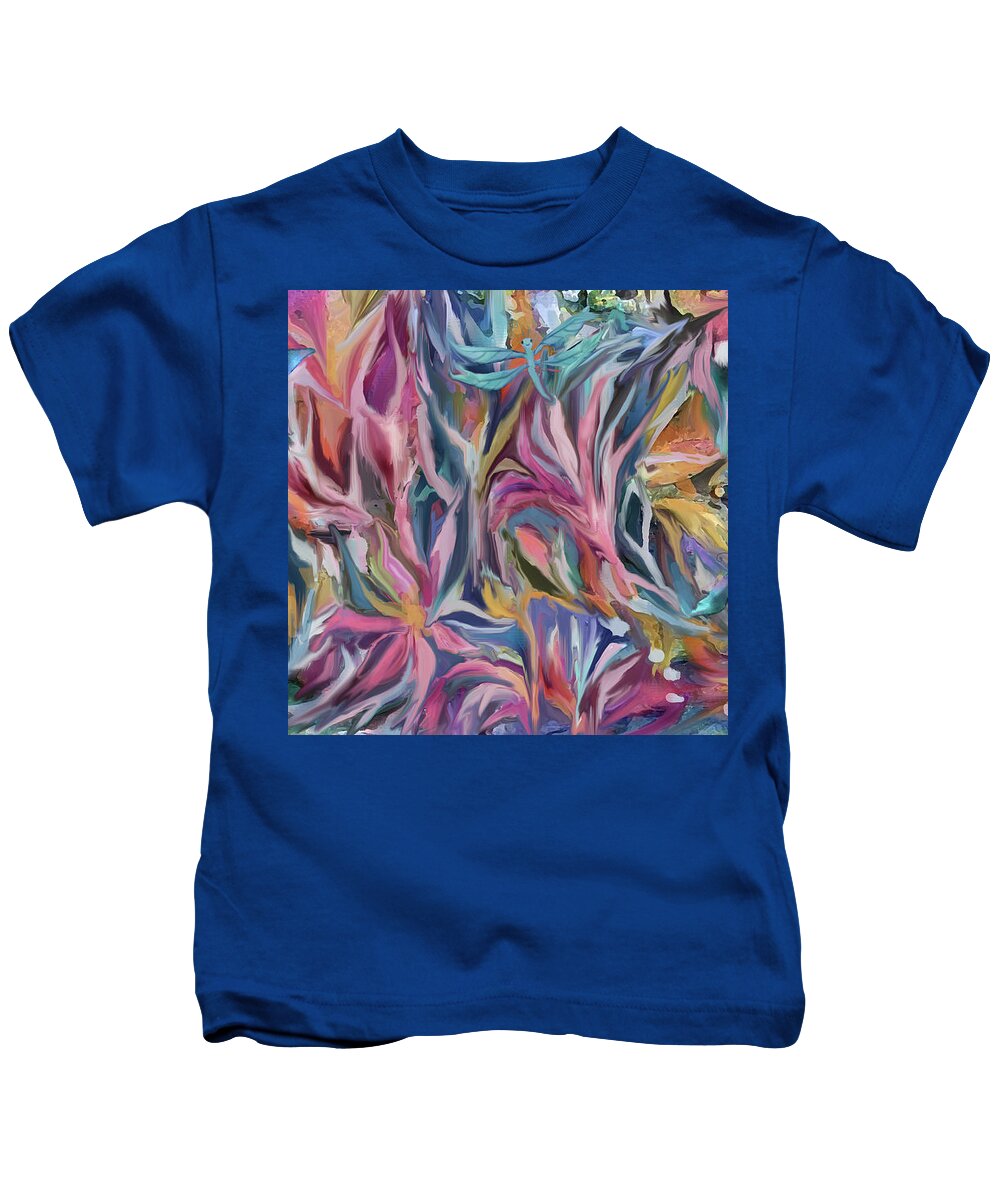 Abstract Flowers Kids T-Shirt featuring the digital art Dragonflies in the Garden by Jean Batzell Fitzgerald