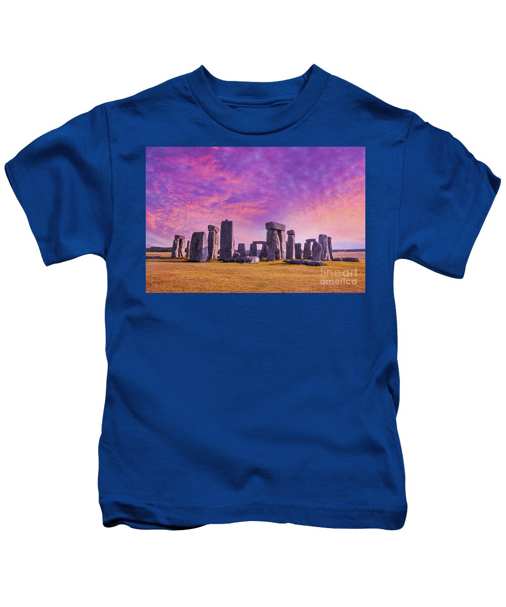 Standing Rocks Kids T-Shirt featuring the photograph Fire in the Sky over Stonehenge by Susan Vineyard