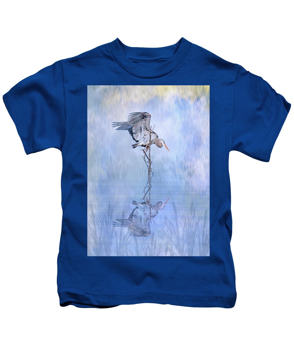 Great Blue Heron Kids T-Shirt featuring the photograph Great Blue Heron Texture Reflection - Vertical by Patti Deters