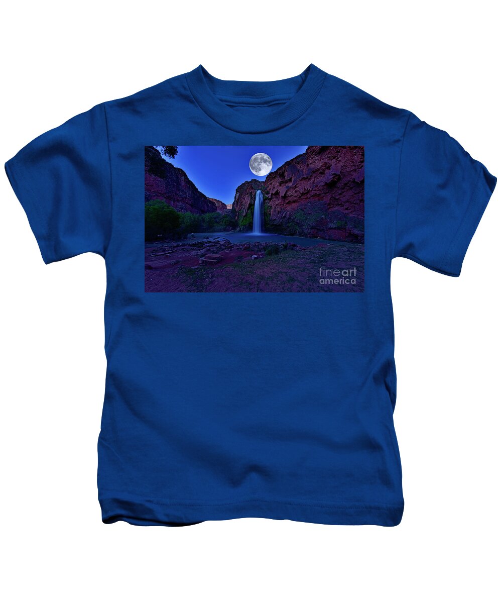 Havasu Falls Kids T-Shirt featuring the photograph Havasu Falls with Raising Moon by Amazing Action Photo Video