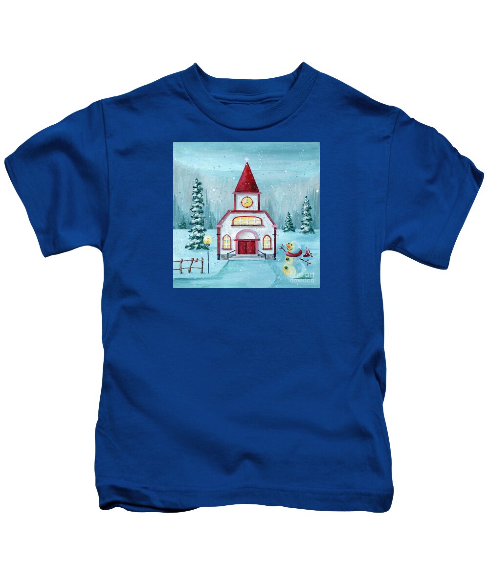 Winter Kids T-Shirt featuring the painting Heard on High - Winter Church Snow Painting by Annie Troe