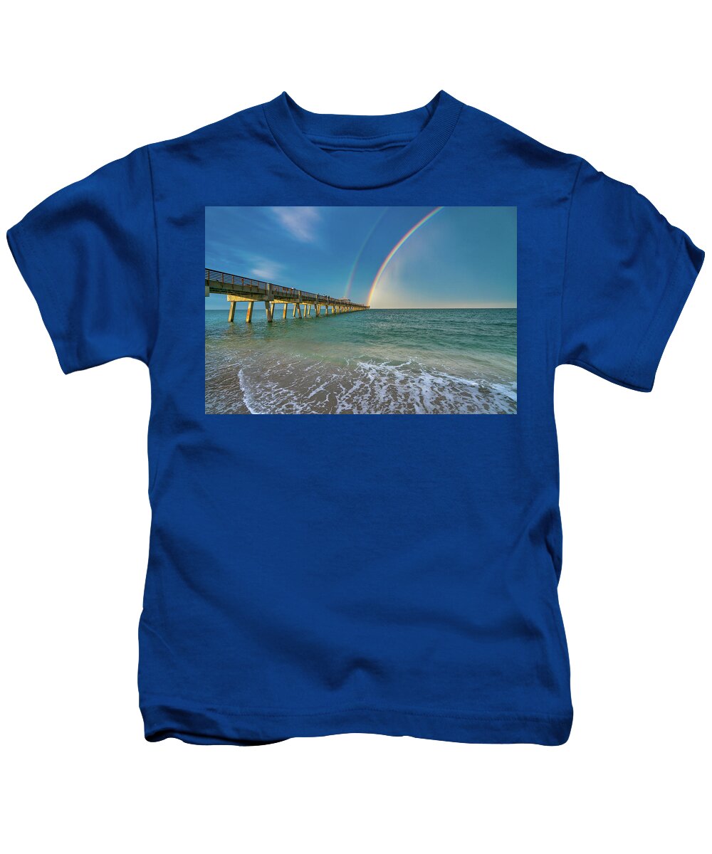 Juno Beach Pier Kids T-Shirt featuring the photograph Juno Beach Pier the End of the Rainbow by Kim Seng
