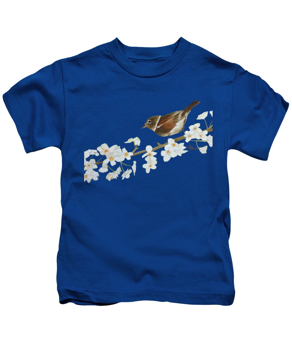 Nightingale Kids T-Shirt featuring the painting Nightingale Among Almond Flowers I by Angeles M Pomata