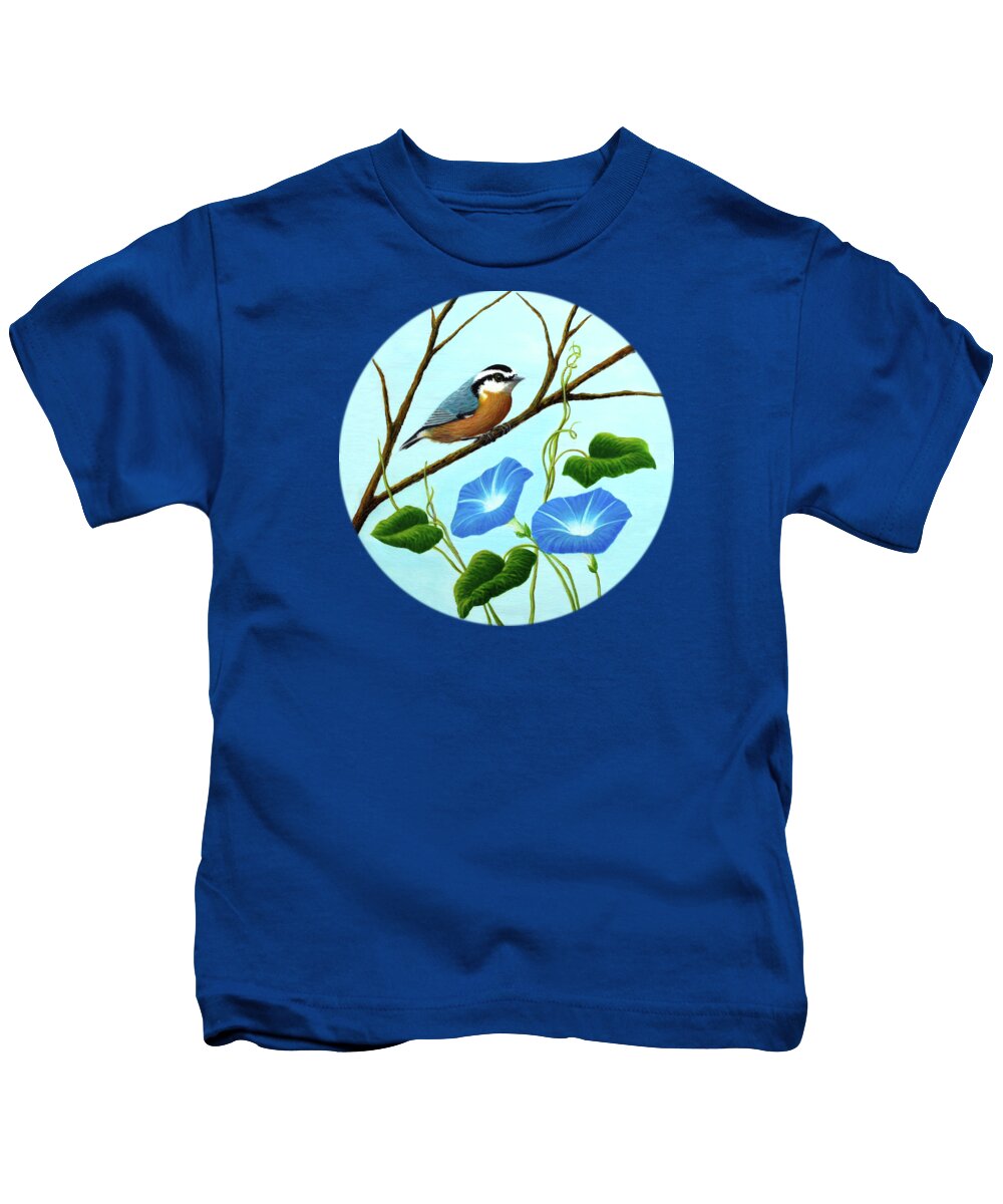 Portrait Kids T-Shirt featuring the painting Nuthatch and Morning Glories by Sarah Irland