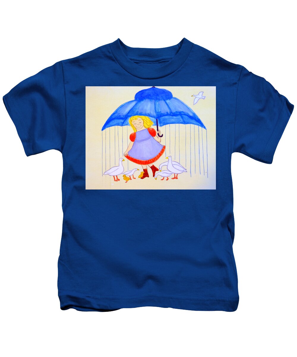  Kids T-Shirt featuring the painting Olka Greets the Little Geese by Neema Lakin-Dainow