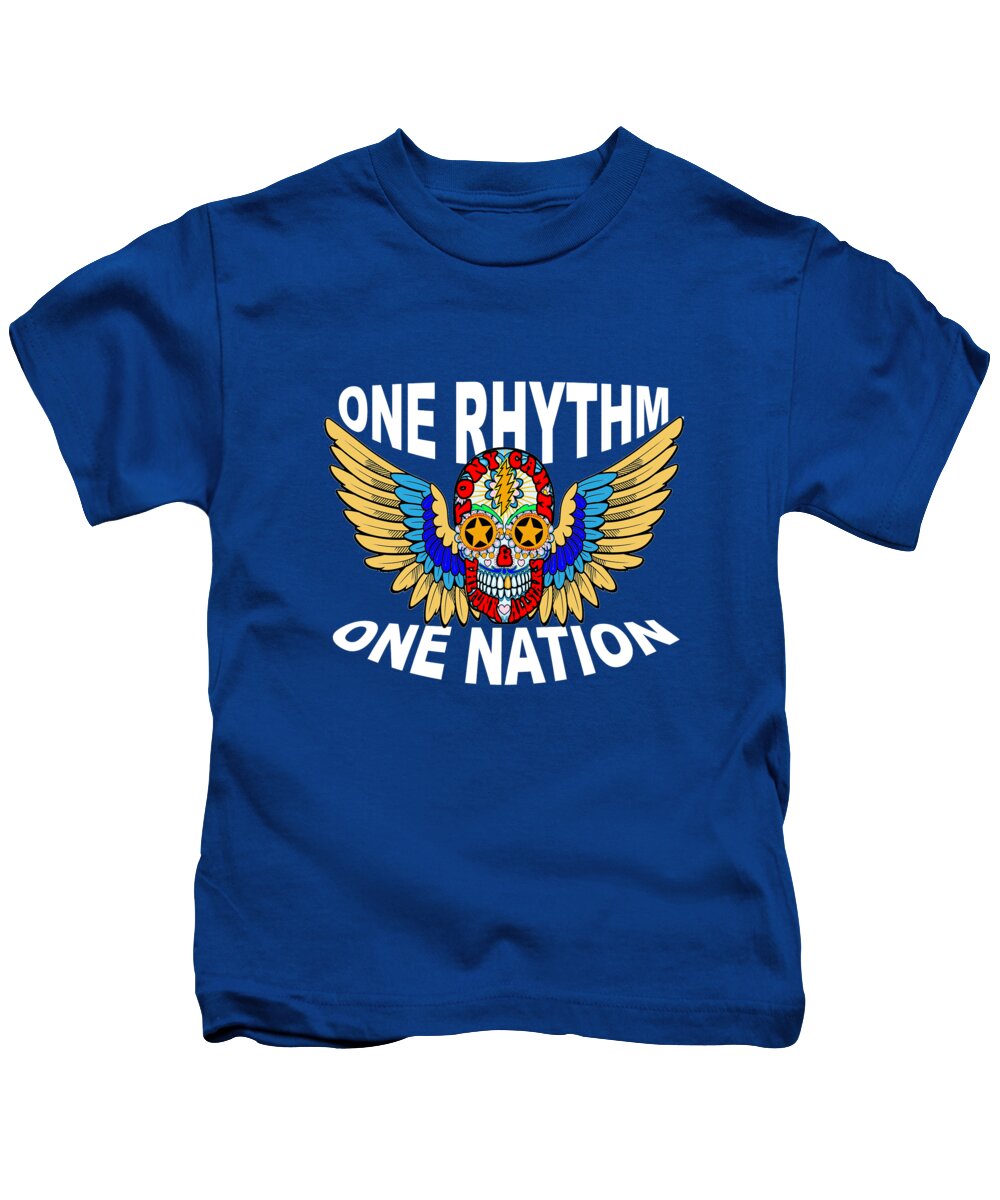  Kids T-Shirt featuring the digital art One Rhythm One Nation Aqua Print by Tony Camm