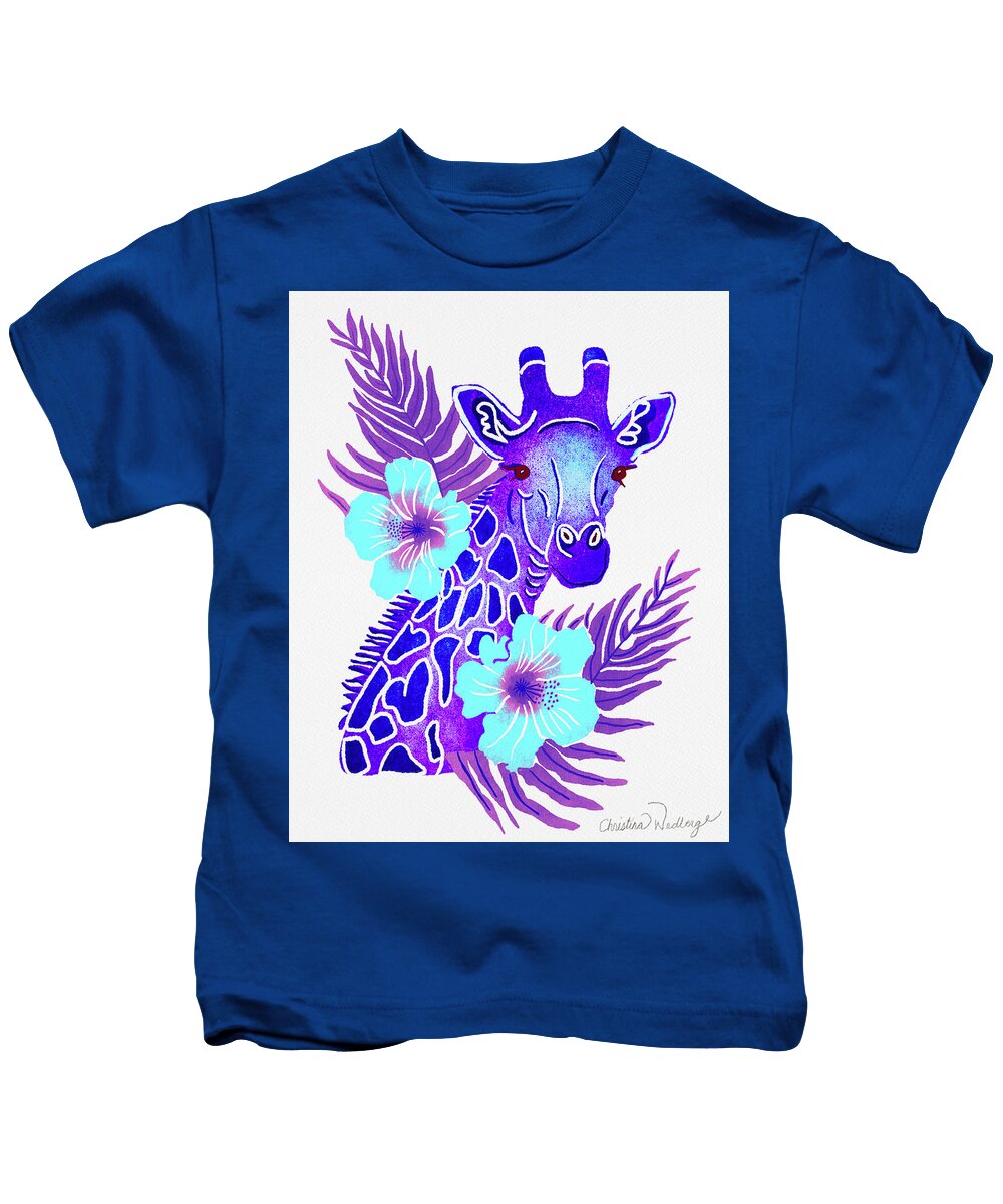 Purple Kids T-Shirt featuring the painting Purple Giraffe Tropical Jungle Safari by Christina Wedberg