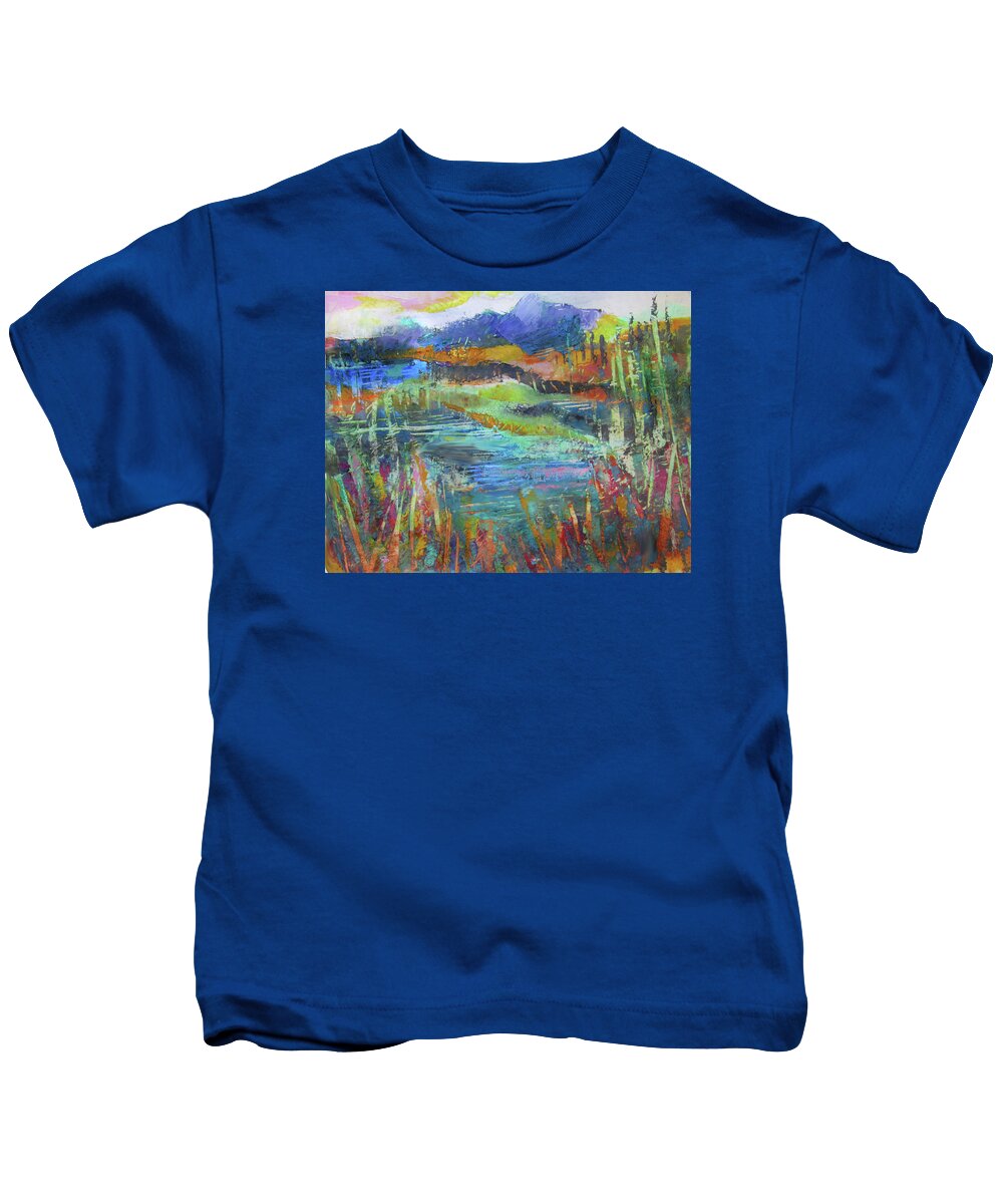Cold Wax Kids T-Shirt featuring the painting River Reeds by Jean Batzell Fitzgerald