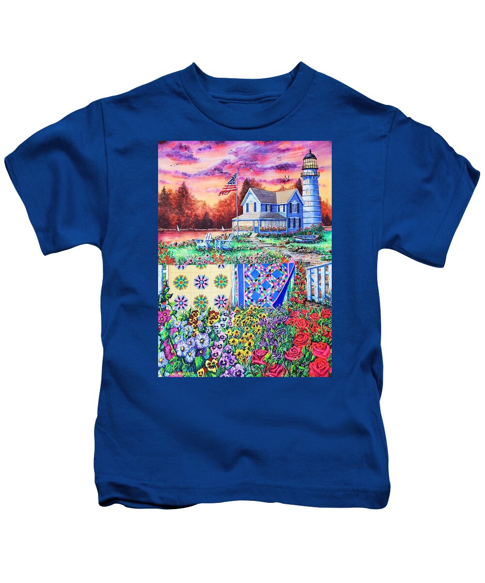 Lighthouse Kids T-Shirt featuring the painting Shoreline Treasures by Diane Phalen