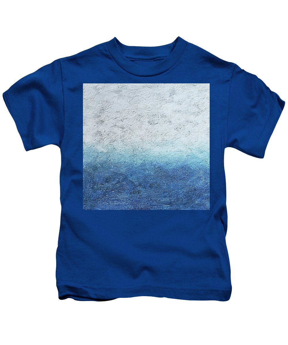 Blue Wall Art Kids T-Shirt featuring the painting STORMY HORIZON Coastal Abstract in Blue and White by Lynnie Lang