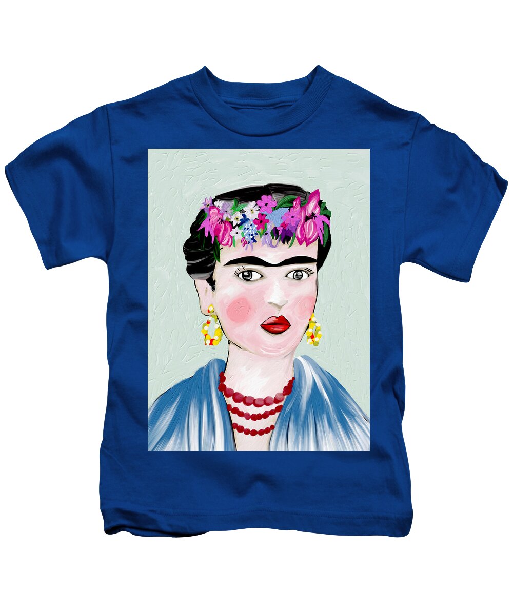 Frida Khalo Kids T-Shirt featuring the mixed media The Inspirational Frida Khalo by Ann Leech