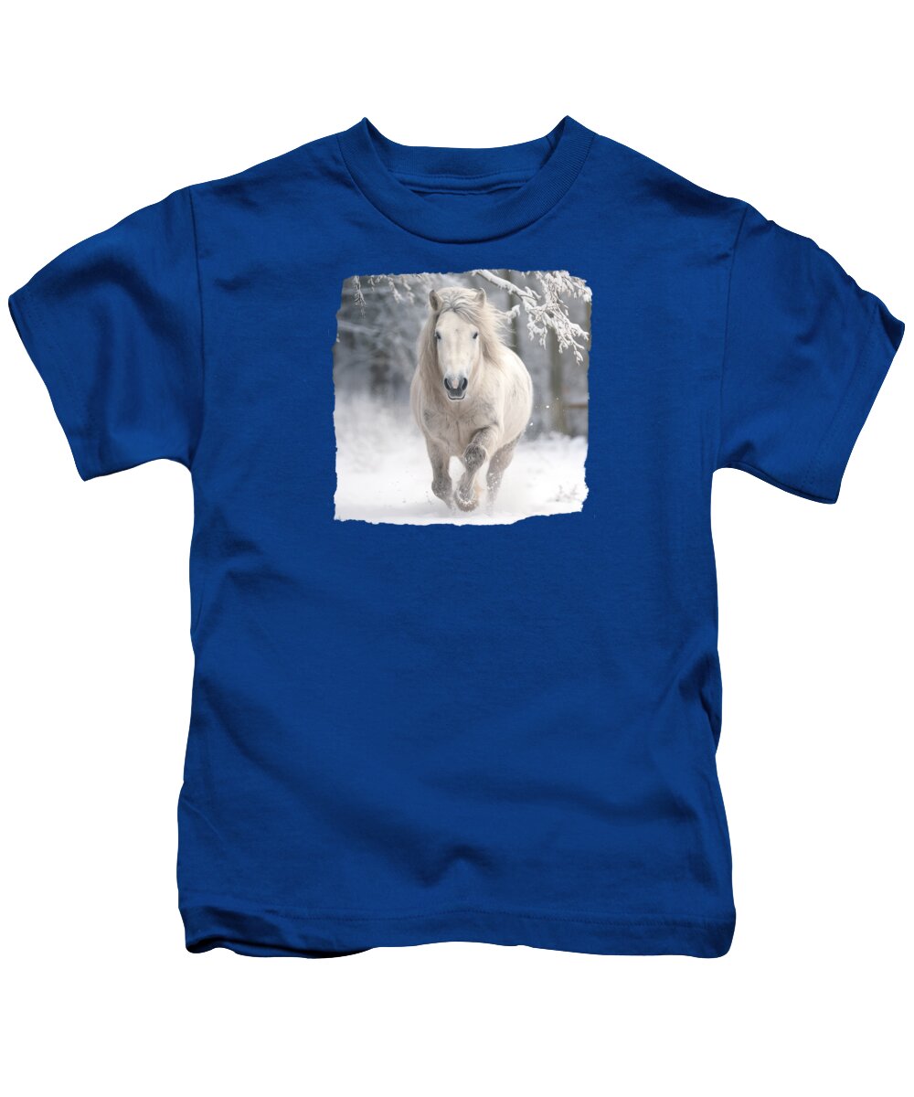 Icelandic Horse Kids T-Shirt featuring the digital art White Pony Running through Snow by Elisabeth Lucas