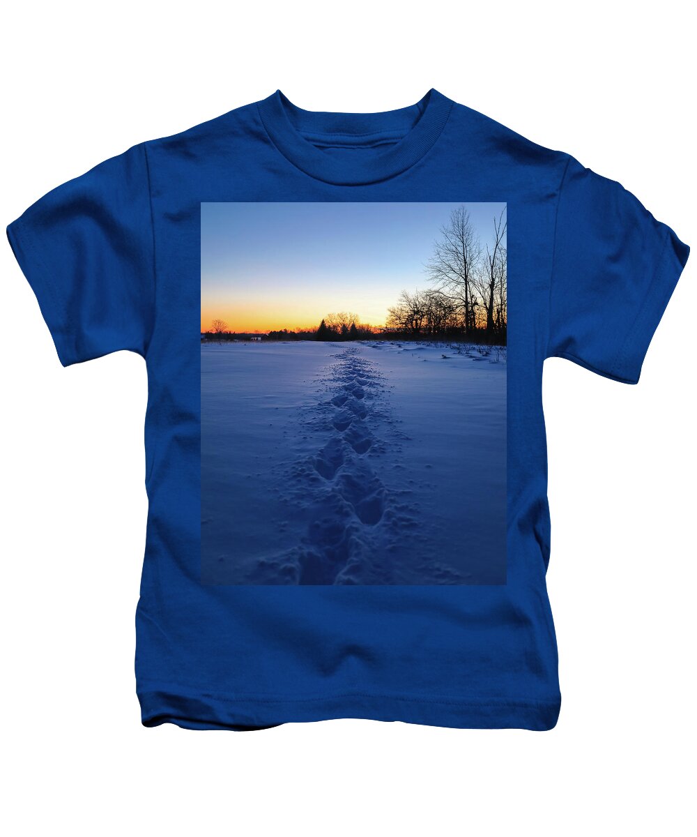 Winter Morning Footsteps Kids T-Shirt featuring the photograph Winter Morning Footsteps by Dan Sproul