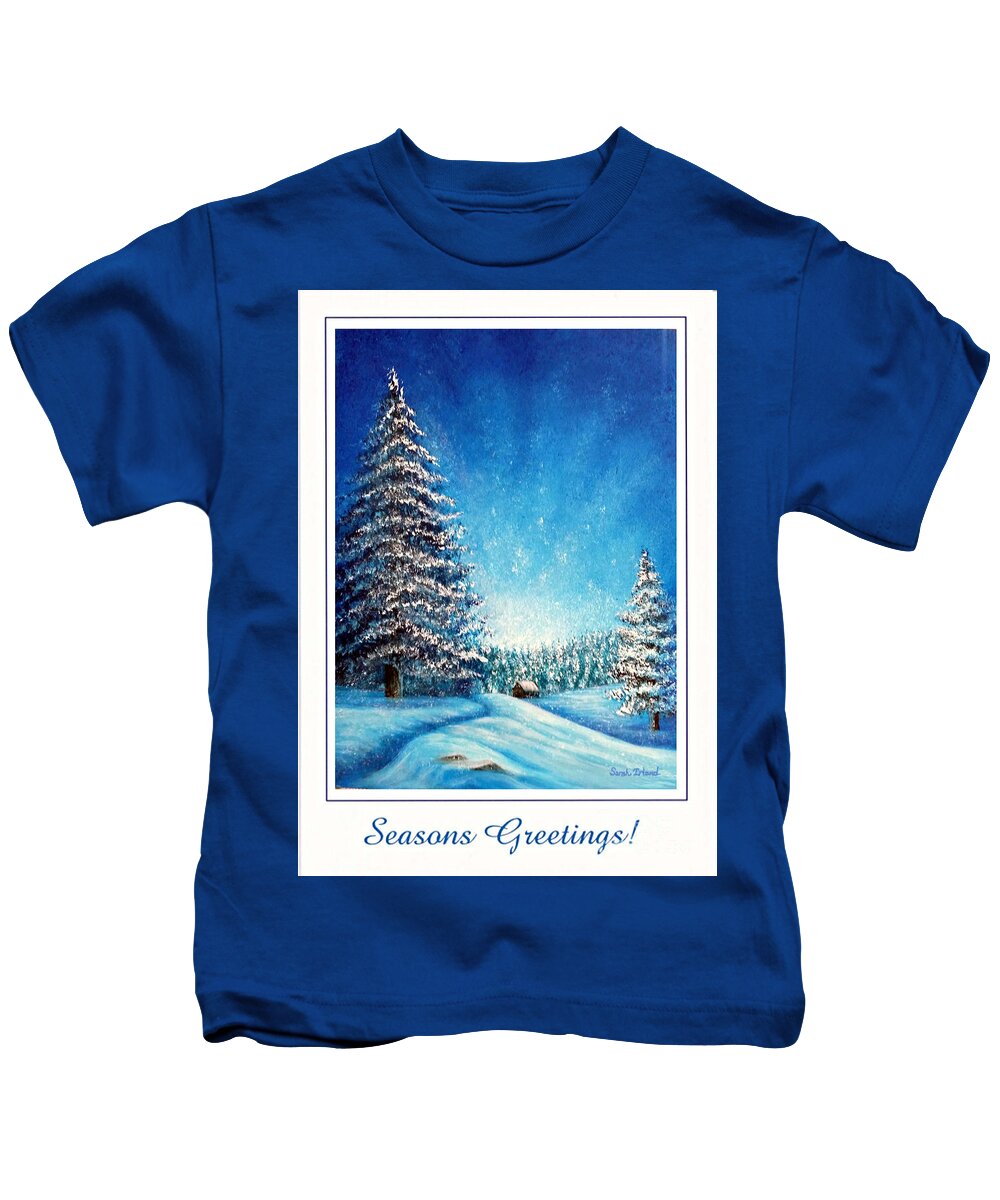 Holiday Kids T-Shirt featuring the painting Wintry Light - Seasons Greetings by Sarah Irland