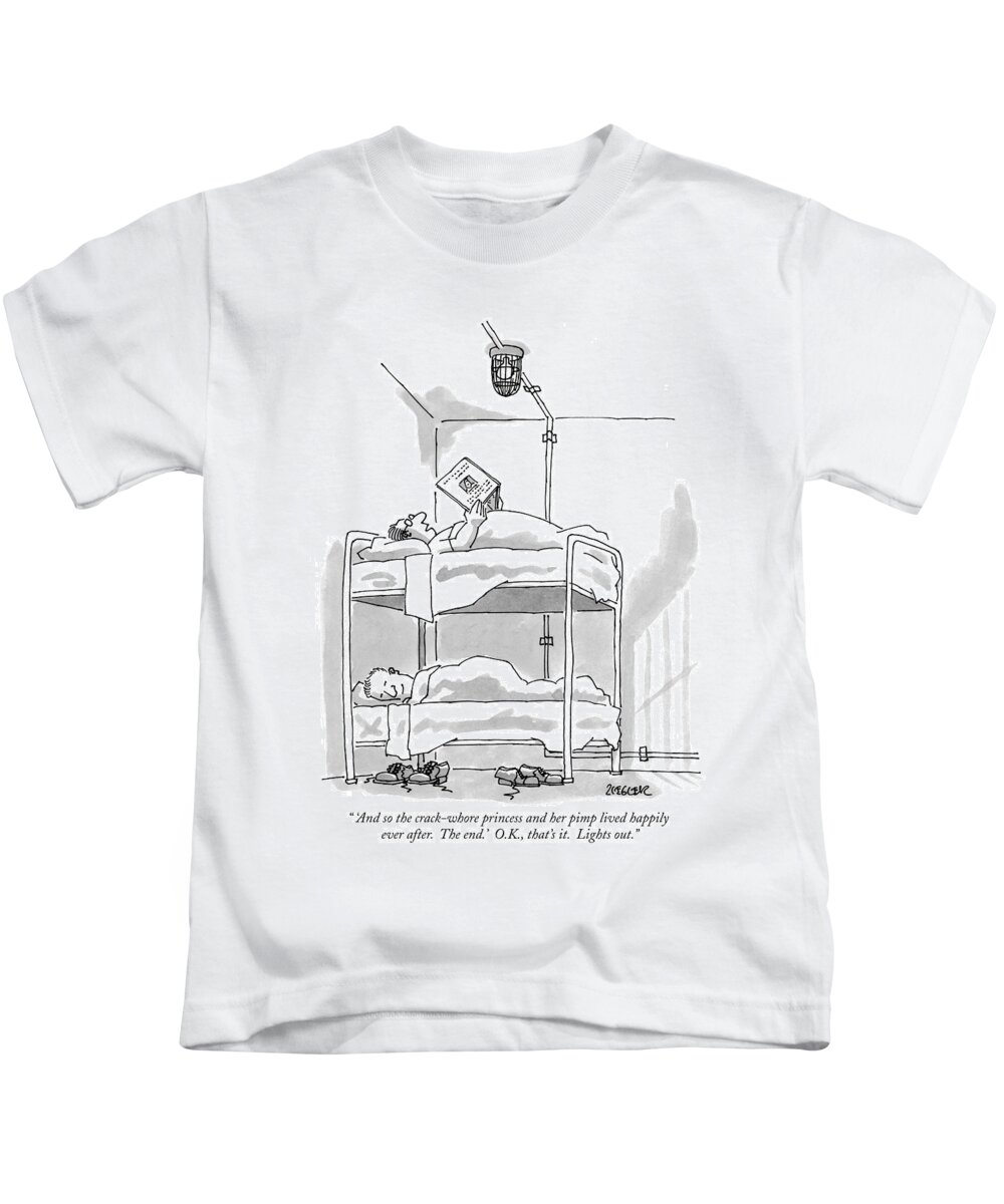 Prisons Kids T-Shirt featuring the drawing 'and So The Crack-whore Princess And Her Pimp by Jack Ziegler