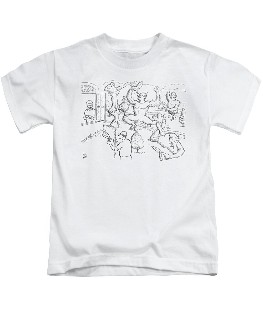 Garden Kids T-Shirt featuring the drawing A Woman Is Seen Speaking To A Man Who Is Pruning #1 by Paul Noth