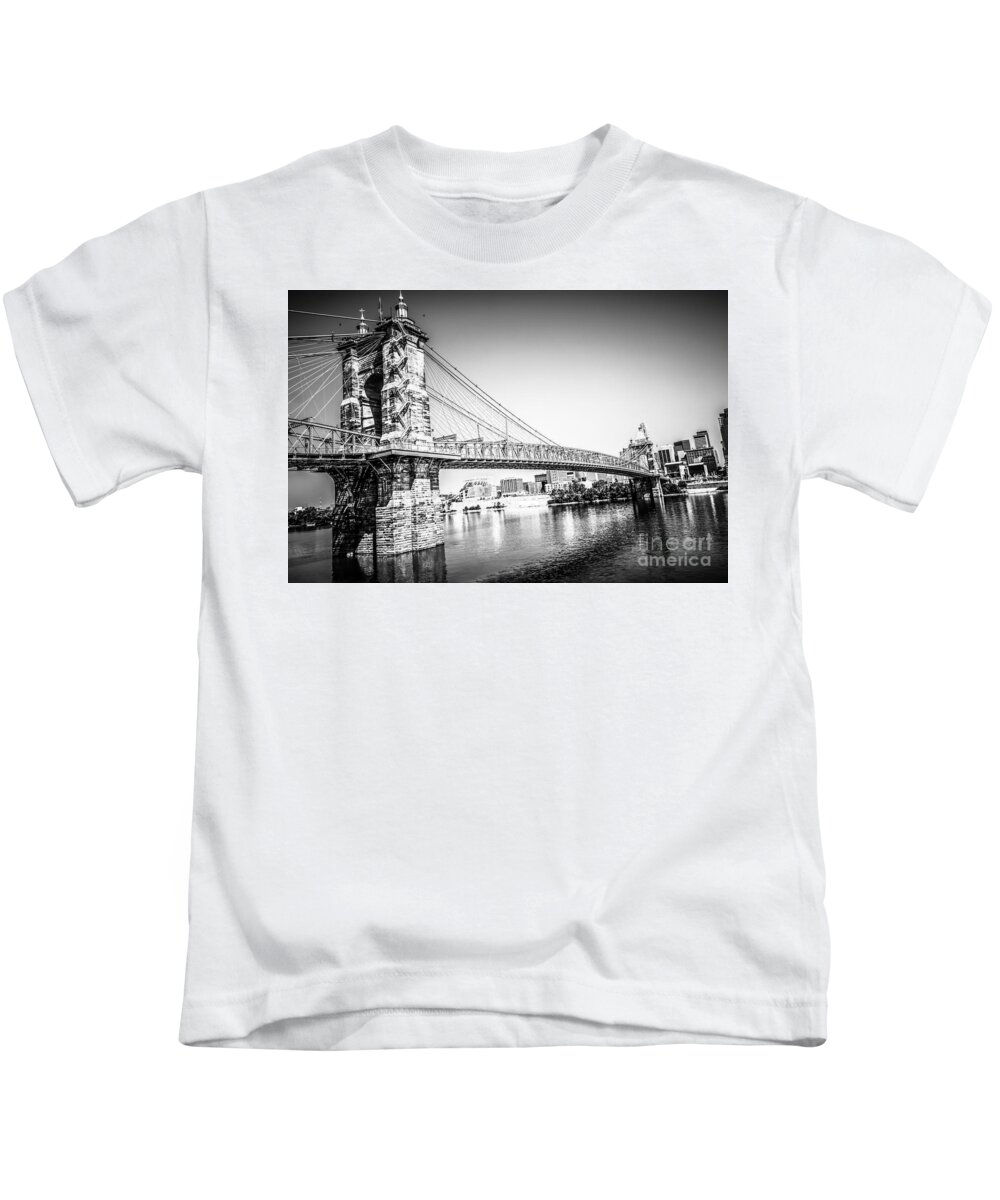 2012 Kids T-Shirt featuring the photograph Cincinnati Roebling Bridge Black and White Picture #1 by Paul Velgos