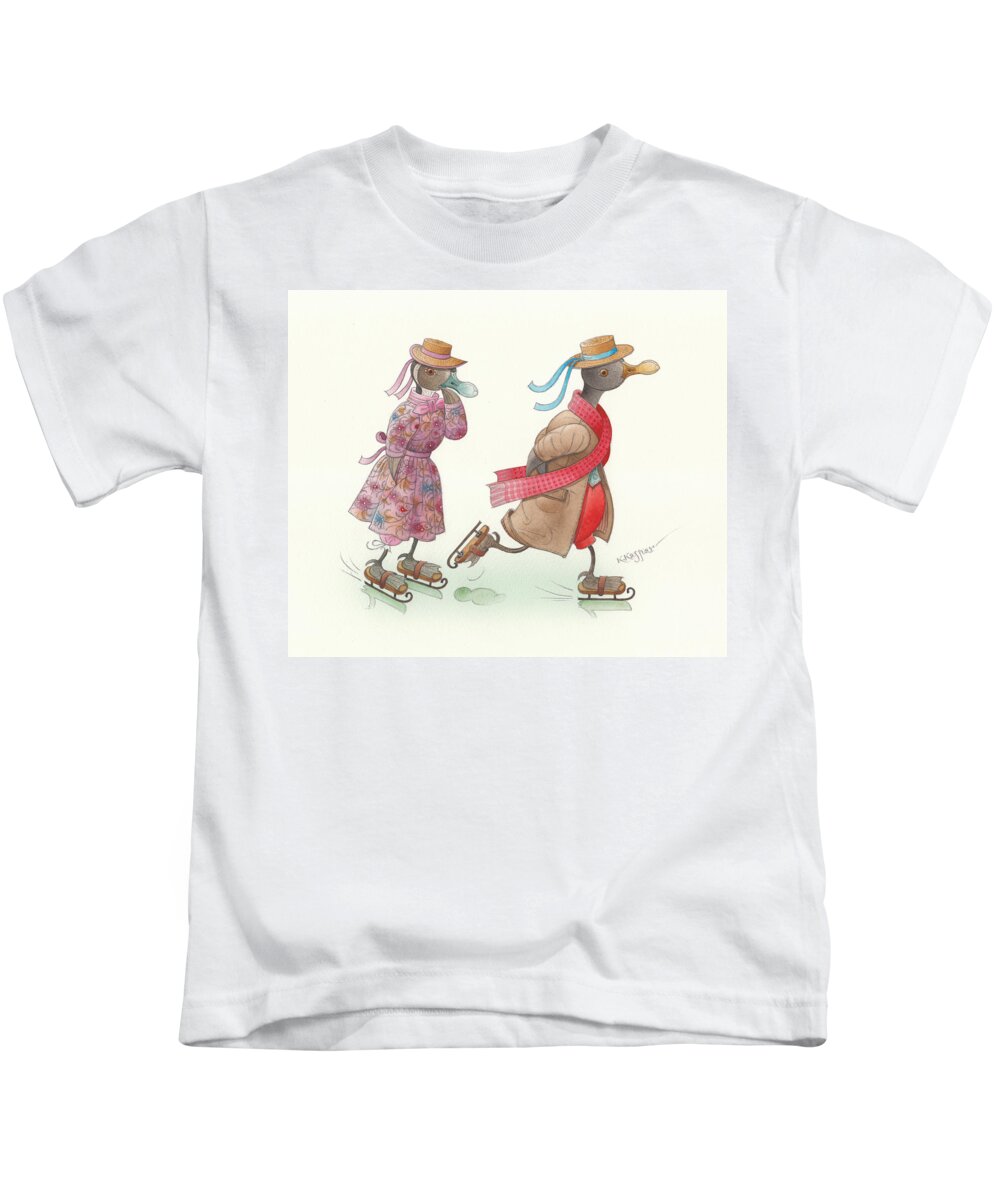 Christmas Winter Snow Ice Dance Skate Ducks Greeting Cards Violet Red White Kids T-Shirt featuring the painting Ducks on skates 15 by Kestutis Kasparavicius