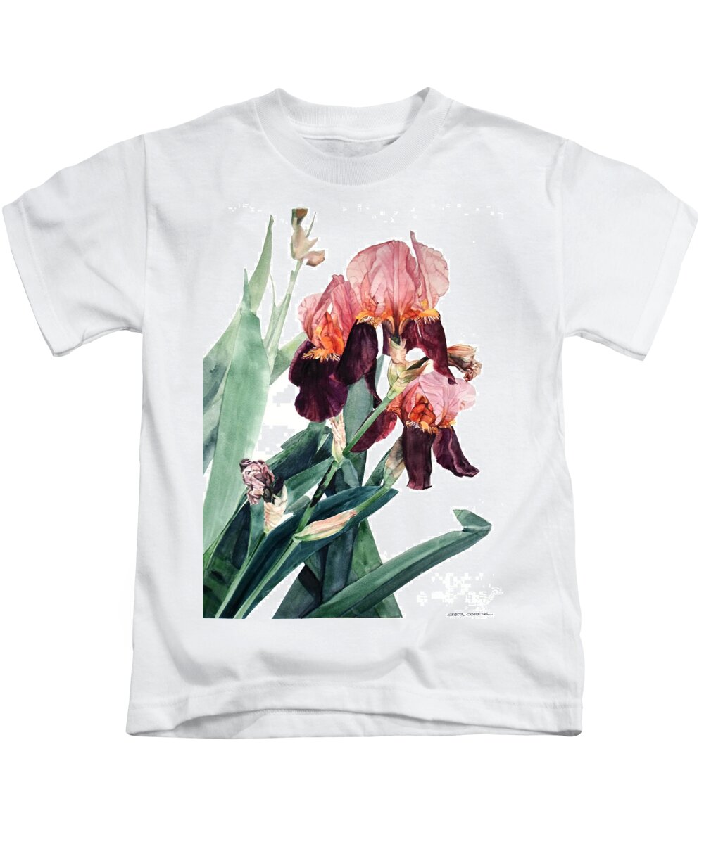 Watercolor Kids T-Shirt featuring the painting Watercolor of a Pink and Maroon Tall Bearded Iris I call Iris La Forza del Destino by Greta Corens