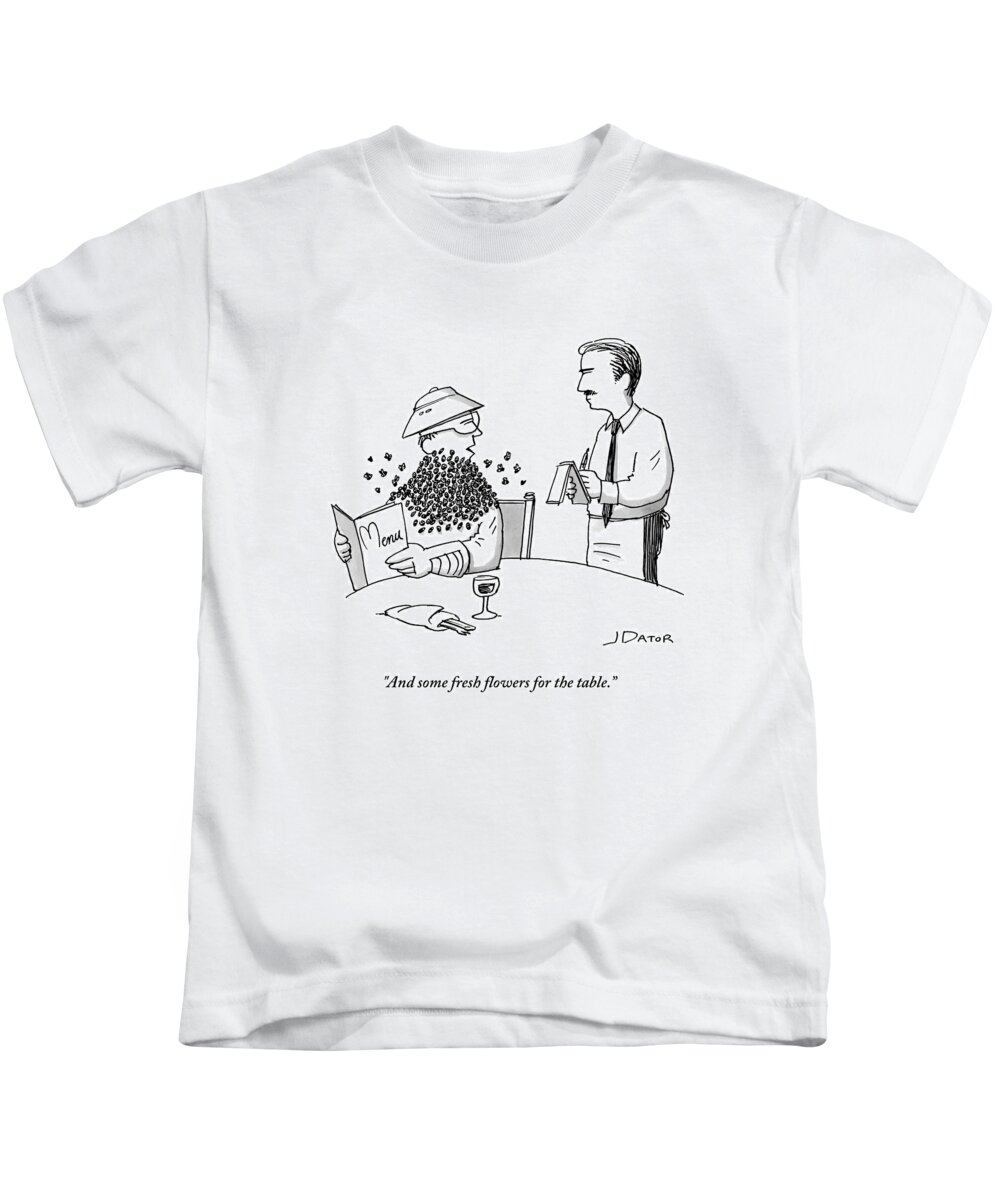 And Some Fresh Flowers For The Table. Cctk Kids T-Shirt featuring the drawing Man Ordering At A Restaurant by Joe Dator