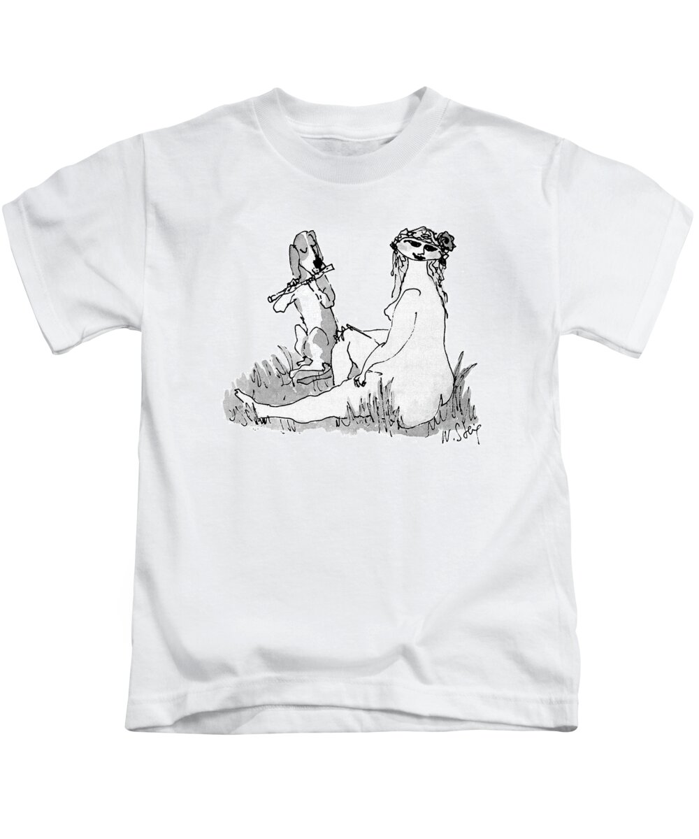 118978 Wst William Steig (dog Plays Flute For Nude Woman Kids T-Shirt featuring the drawing New Yorker September 27th, 1999 #1 by William Steig