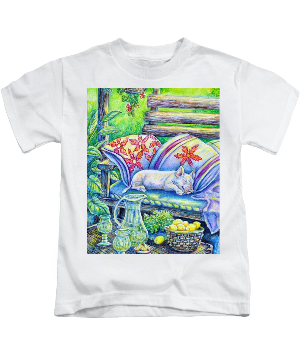 Pig Kids T-Shirt featuring the painting Pig On A Porch by Gail Butler