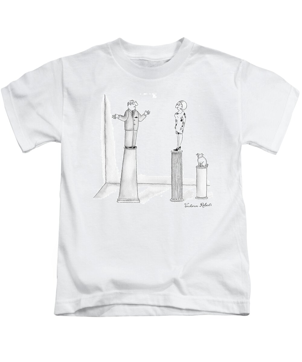 Statues Kids T-Shirt featuring the drawing There Are Three Statues Atop Pedestals: A Woman #1 by Victoria Roberts