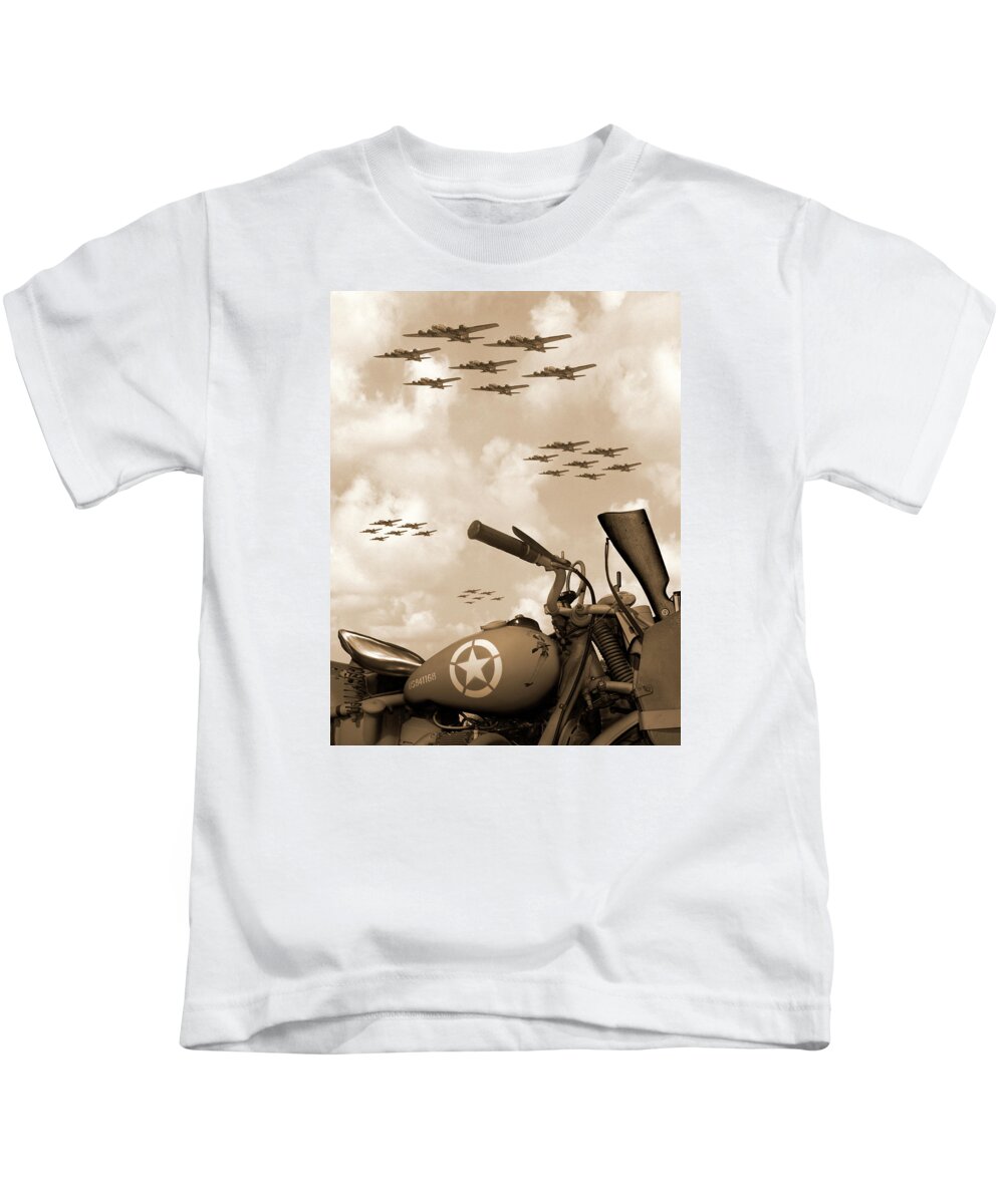 #faatoppicks Kids T-Shirt featuring the photograph 1942 Indian 841 - B-17 Flying Fortress' by Mike McGlothlen