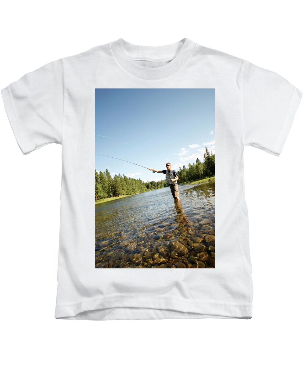 A Teenage Boy Fly Fishing In Swan River #2 Kids T-Shirt