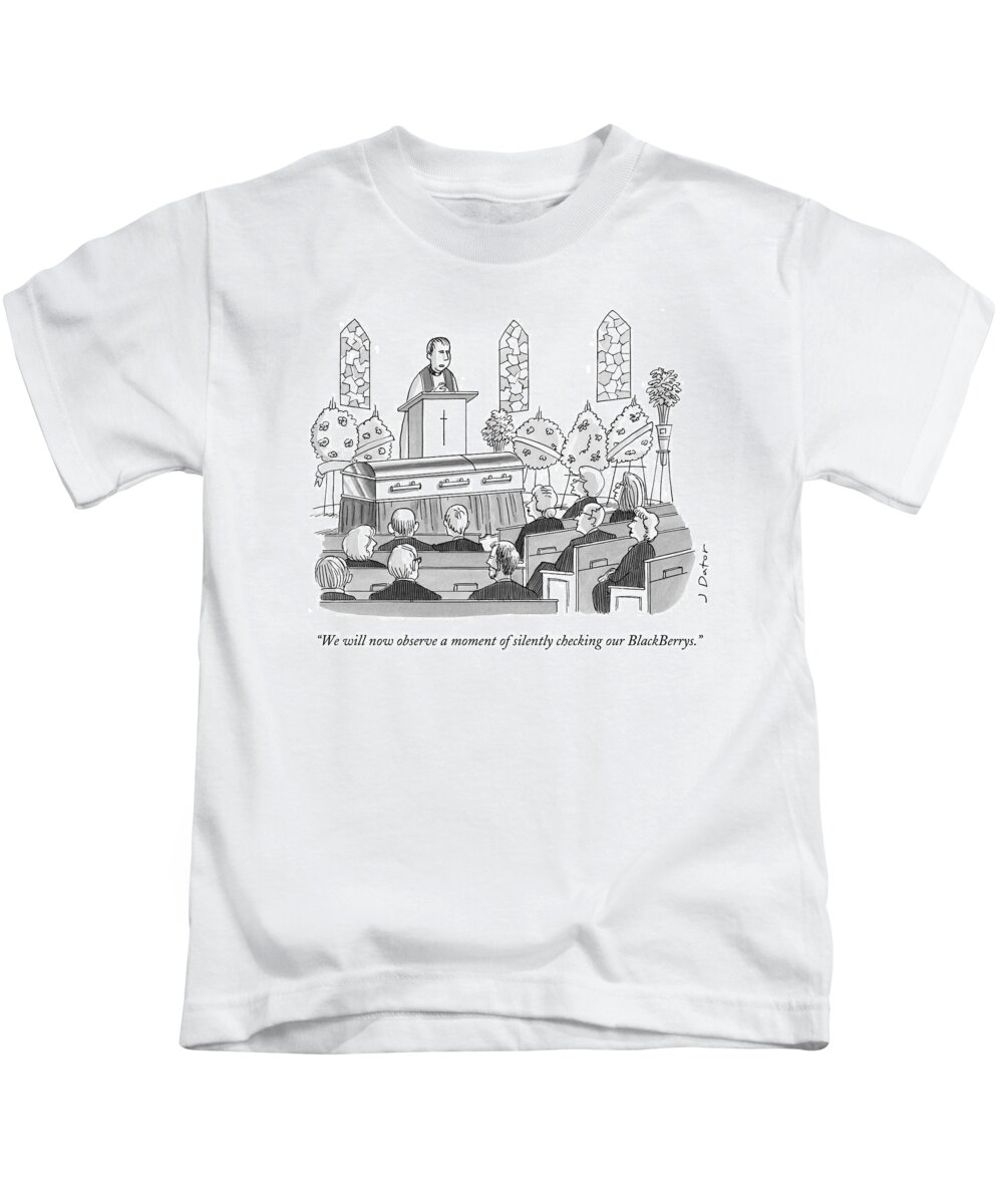 We Will Now Observe A Moment Of Silently Checking Our Blackberrys. Kids T-Shirt featuring the drawing We Will Now Observe A Moment Of Silently Checking by Joe Dator