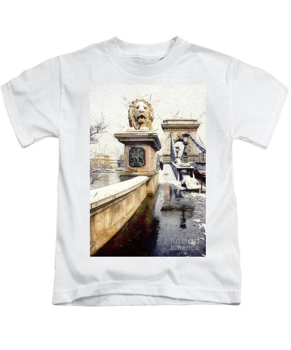  Kids T-Shirt featuring the painting Chain bridge in Budapest #3 by Odon Czintos