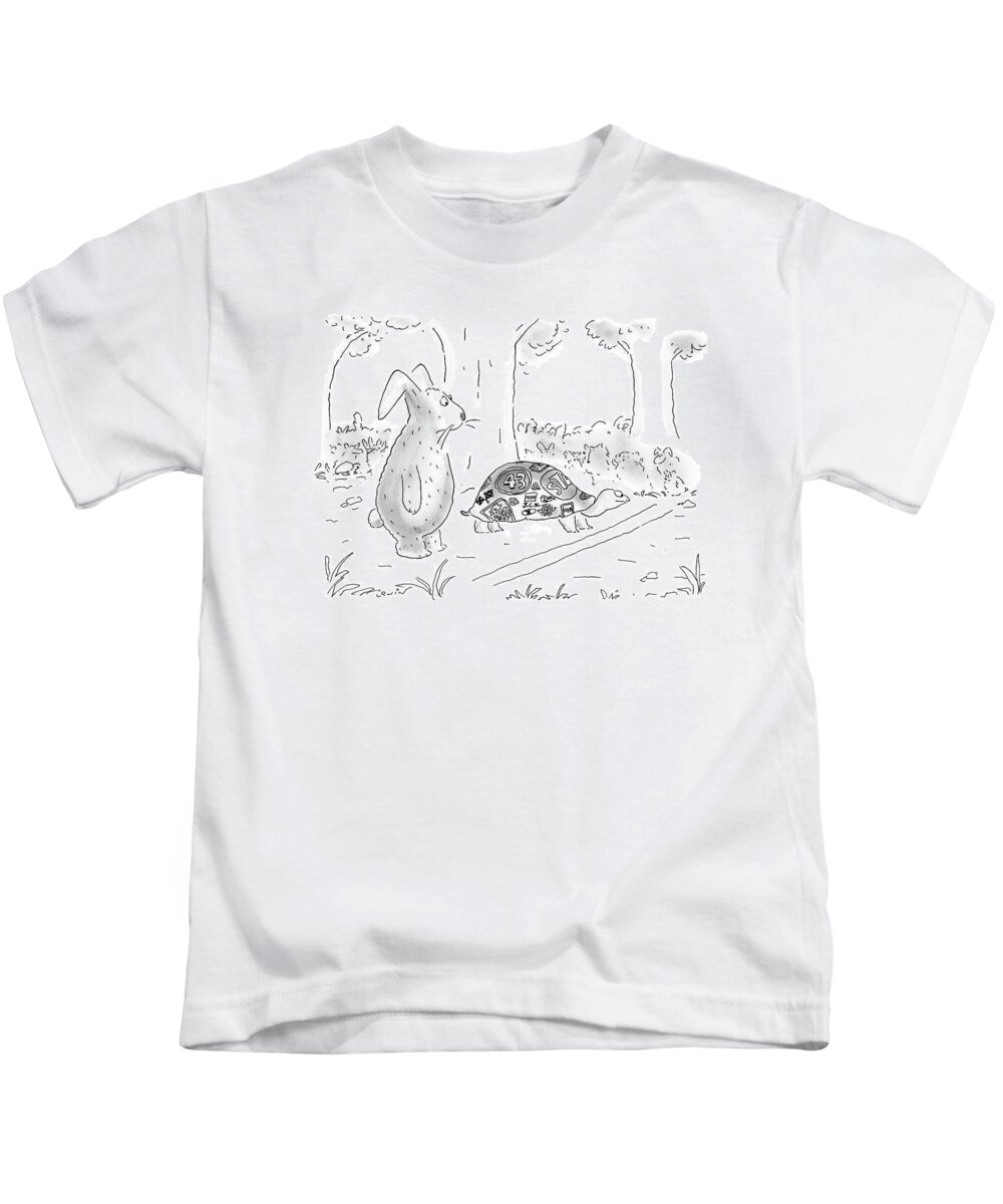 The Hare And The Tortoise Kids T-Shirt featuring the drawing New Yorker August 21st, 2000 by Arnie Levin