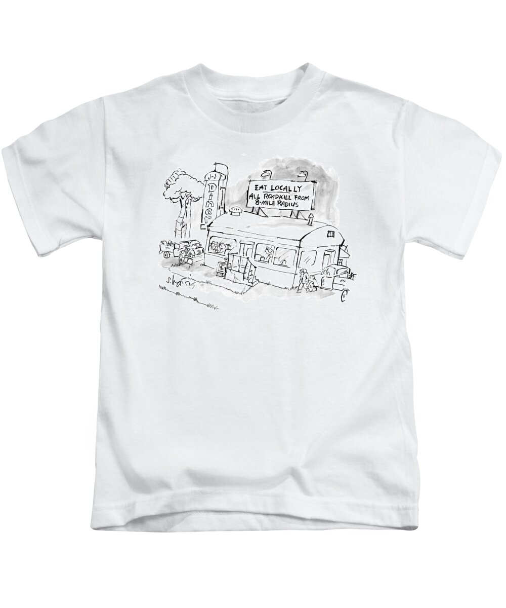 Eat Locally Kids T-Shirt featuring the drawing New Yorker November 24th, 2008 by Sidney Harris