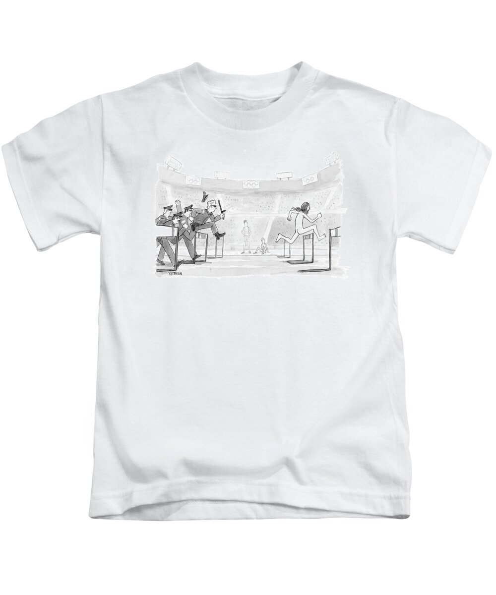 Sports Crime Olympics Naked 
(police Chasing Naked Streaker Across Olympic Track.) 119215  Jpt Jason Patterson Sumnerperm Kids T-Shirt featuring the drawing New Yorker August 30th, 2004 by Jason Patterson