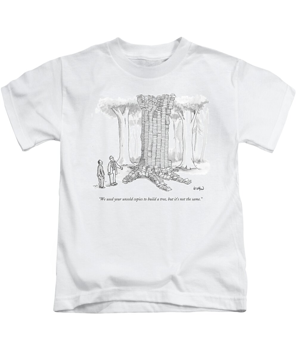 Ecology Kids T-Shirt featuring the drawing We Used Your Unsold Copies To Build A Tree by Robert Leighton