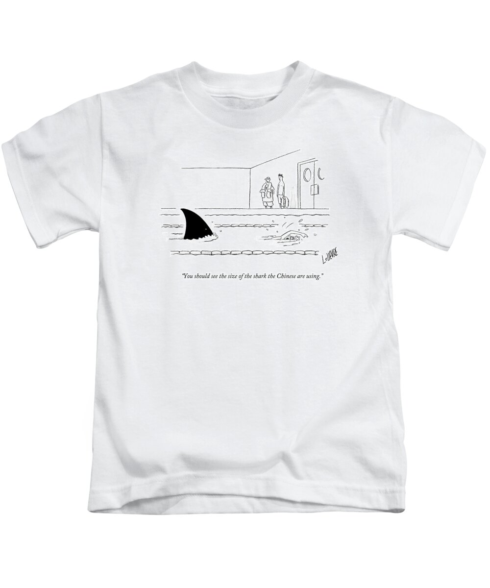 Swimming Kids T-Shirt featuring the drawing You Should See The Size Of The Shark The Chinese by Glen Le Lievre