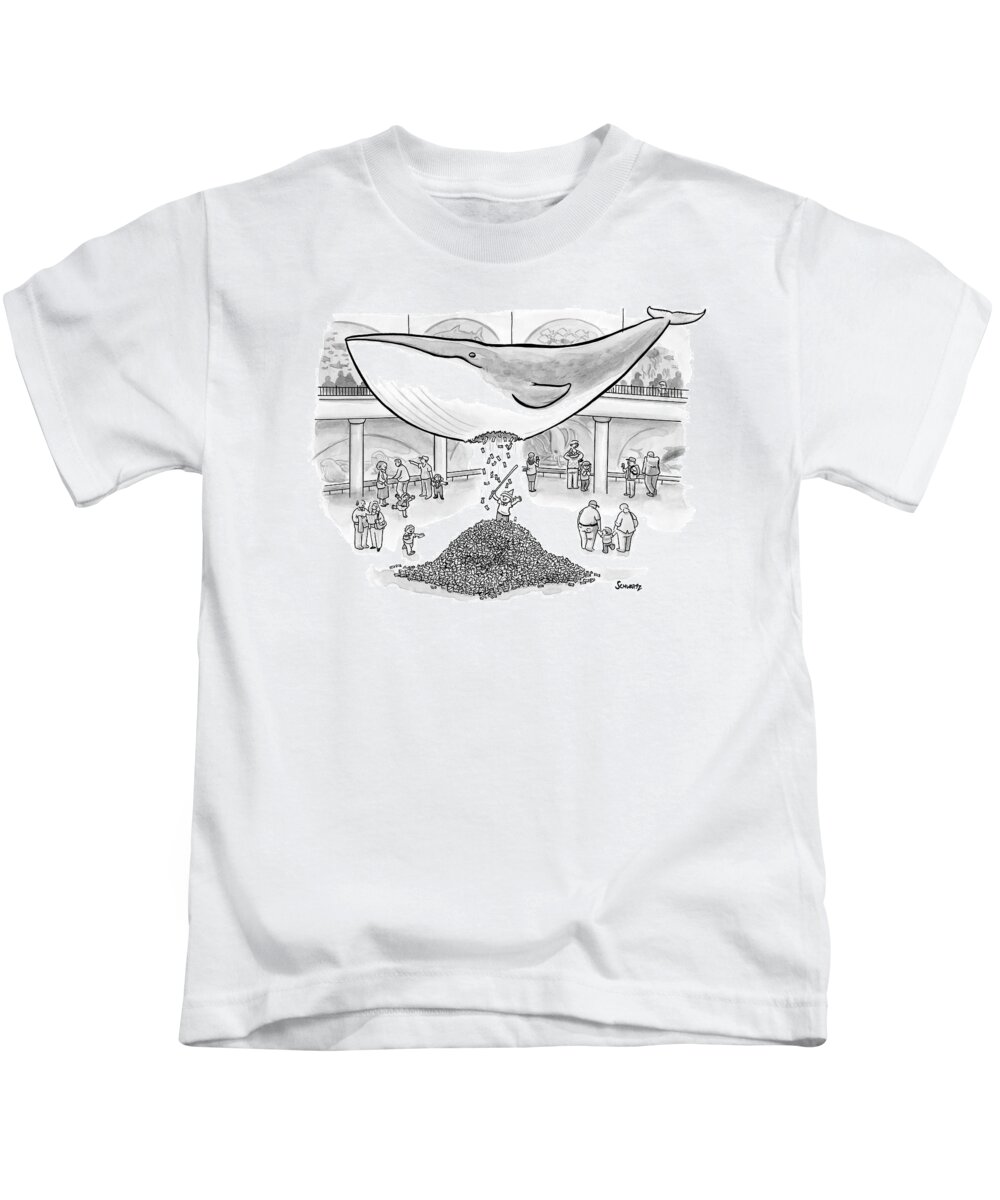 Captionless Kids T-Shirt featuring the drawing A Boy Hits The Giant Whale In The Museum by Benjamin Schwartz