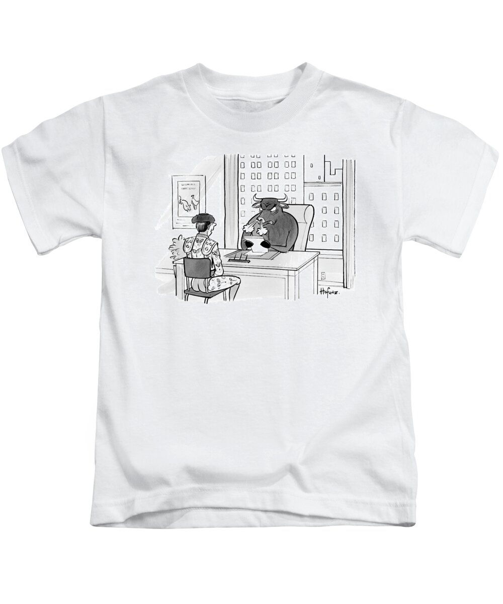 Cctk Bulls Kids T-Shirt featuring the drawing A Bull With At A Desk Looks Angry And Snorts Air by Kaamran Hafeez