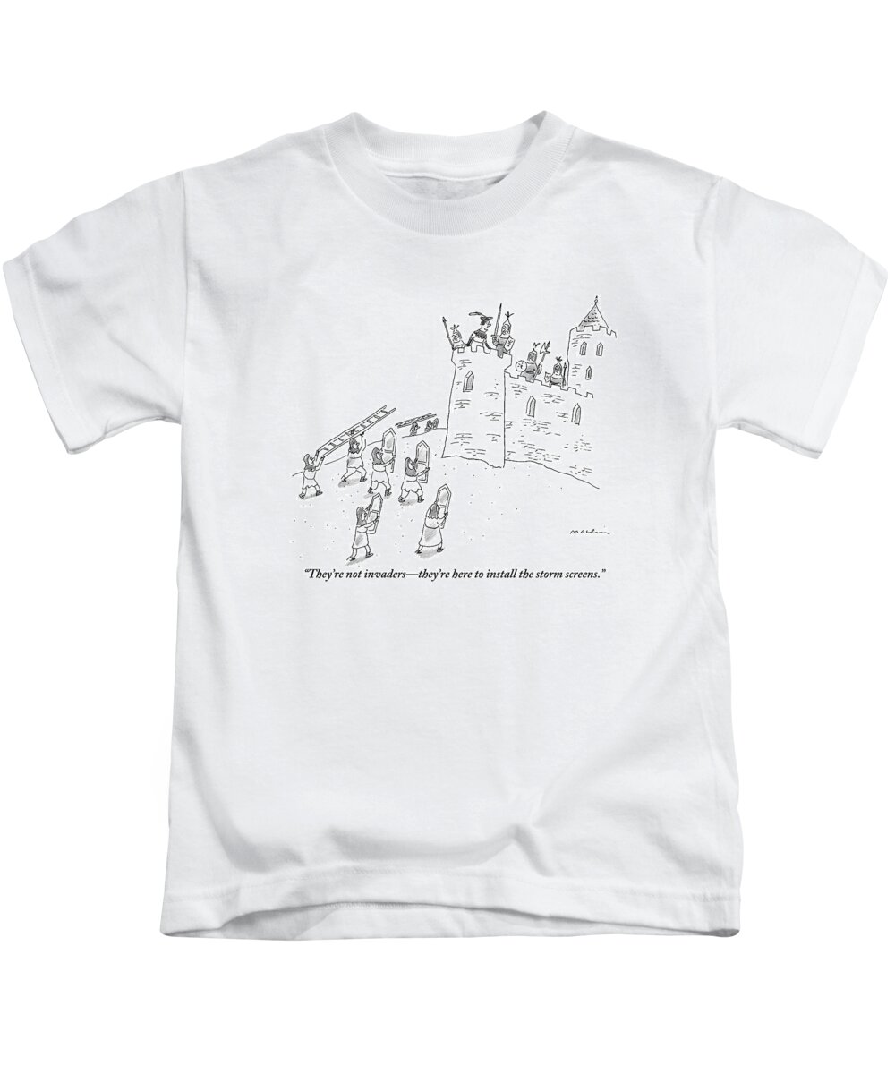 Windows Kids T-Shirt featuring the drawing A Bunch Of Commoners File Toward A Castle by Michael Maslin