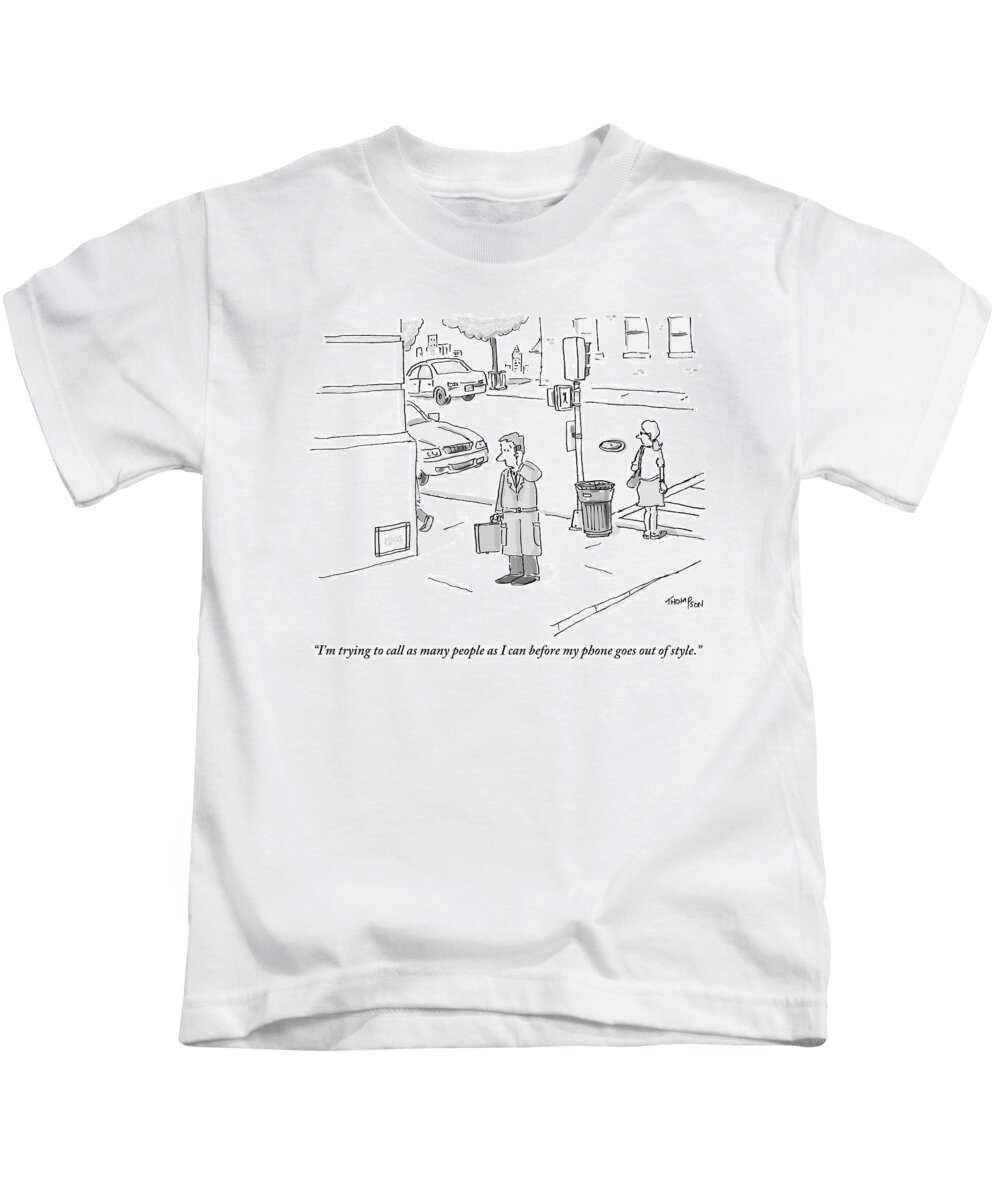 Telephones Kids T-Shirt featuring the drawing A Businessman Standing On A Street Corner Talks by Mark Thompson