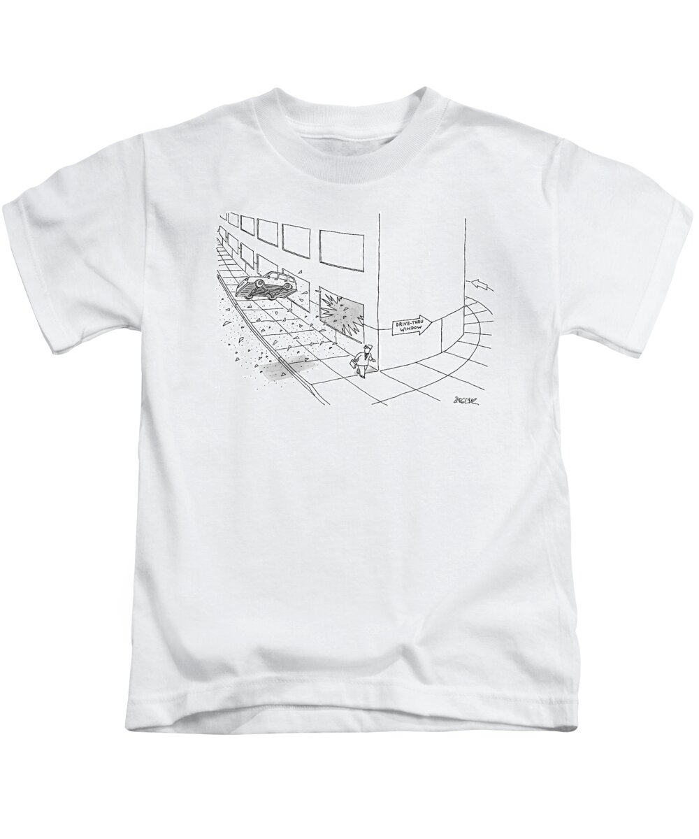 Drive-thru Window Kids T-Shirt featuring the drawing A Car Is Seen Flying Out Of A Broken Window Onto by Jack Ziegler