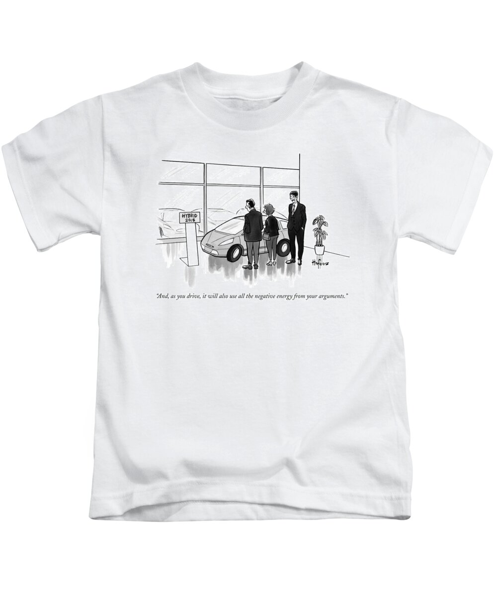 And Kids T-Shirt featuring the drawing A Car Salesman Talks To A Couple In A Showroom by Kaamran Hafeez